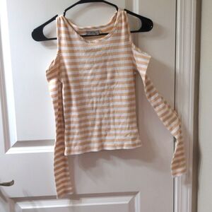 Cotton On XS Women's Cold Shoulder Long Sleeve Beige & White Stripes Ribbed Tee